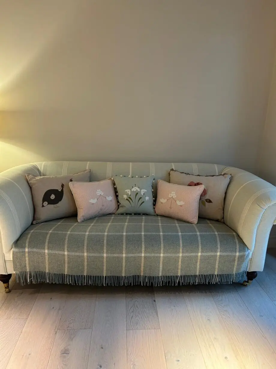 Susie Watson chesterfield sofa , duck egg herring bone