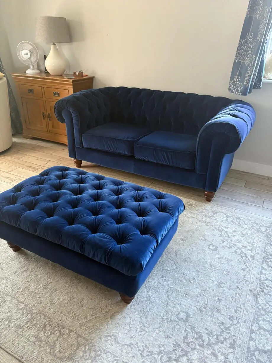 2 x Navy Velvet Chesterfield Sofas & Footstall excellent condition
