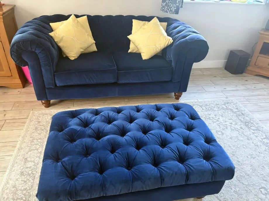 2 x Navy Velvet Chesterfield Sofas & Footstall excellent condition