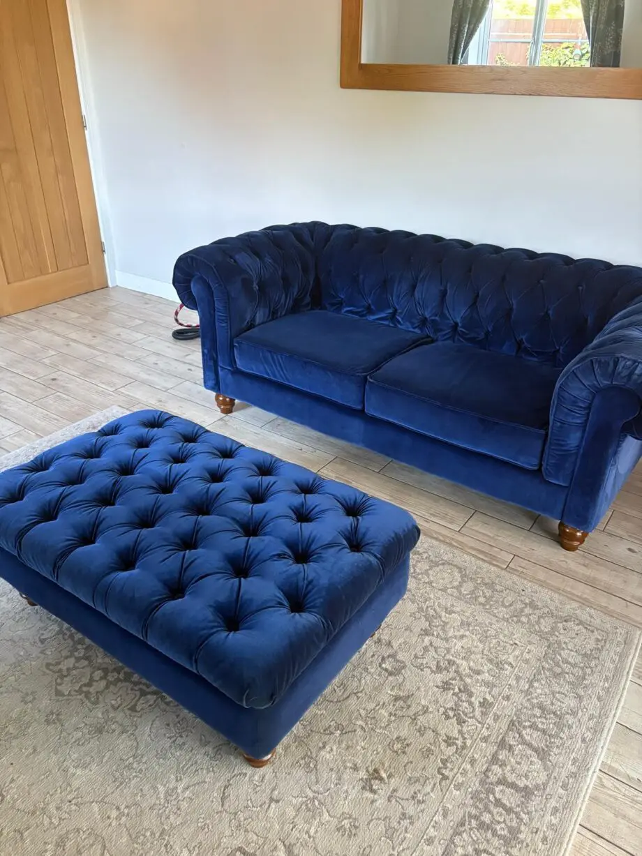 2 x Navy Velvet Chesterfield Sofas & Footstall excellent condition