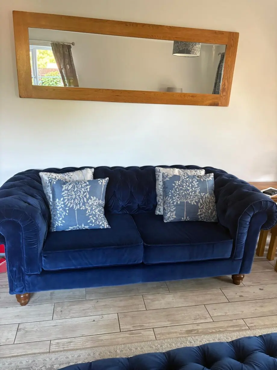 2 x Navy Velvet Chesterfield Sofas & Footstall excellent condition