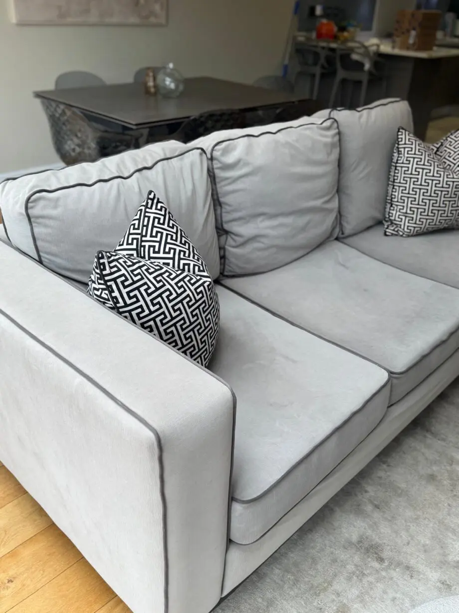 Bespoke grey velvet 3 seat sofa with contrast piping