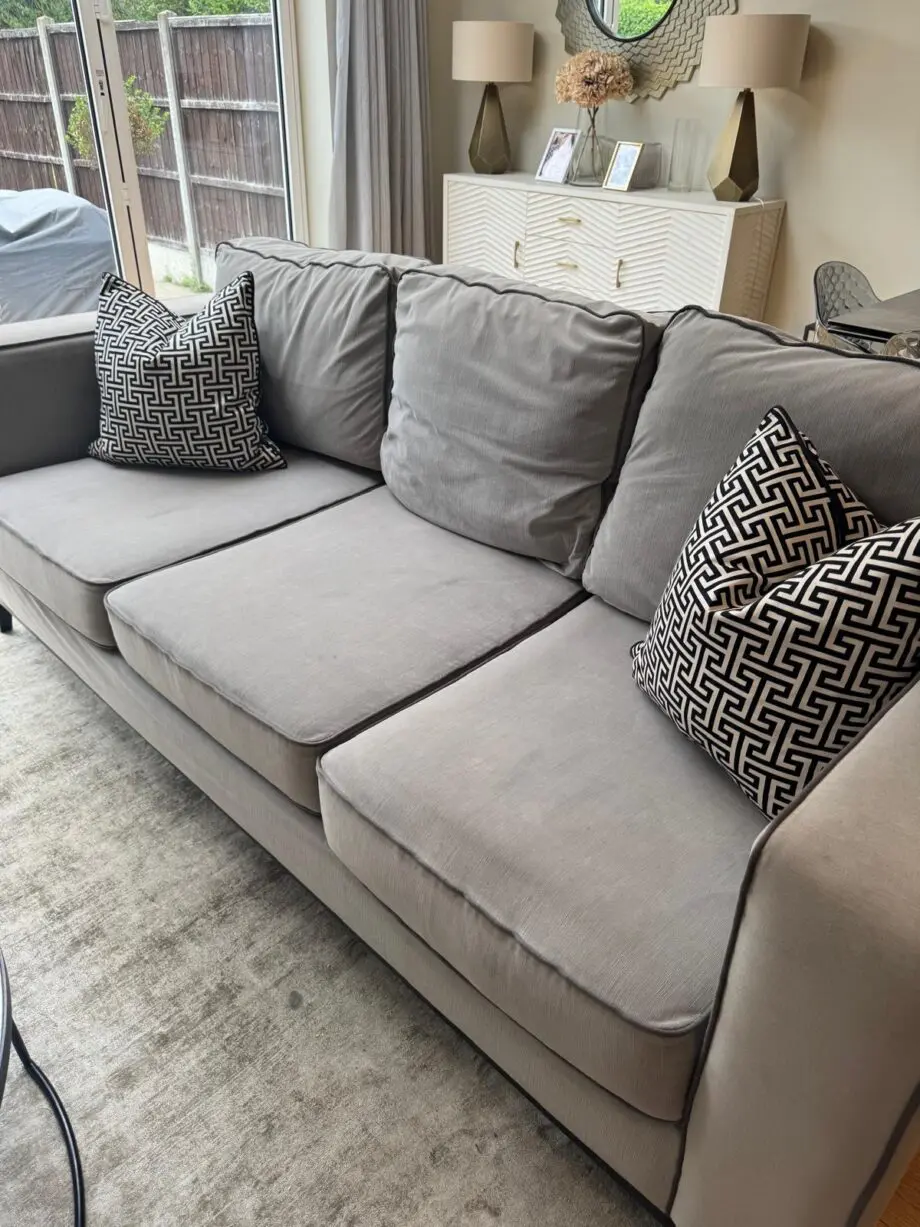 Bespoke grey velvet 3 seat sofa with contrast piping