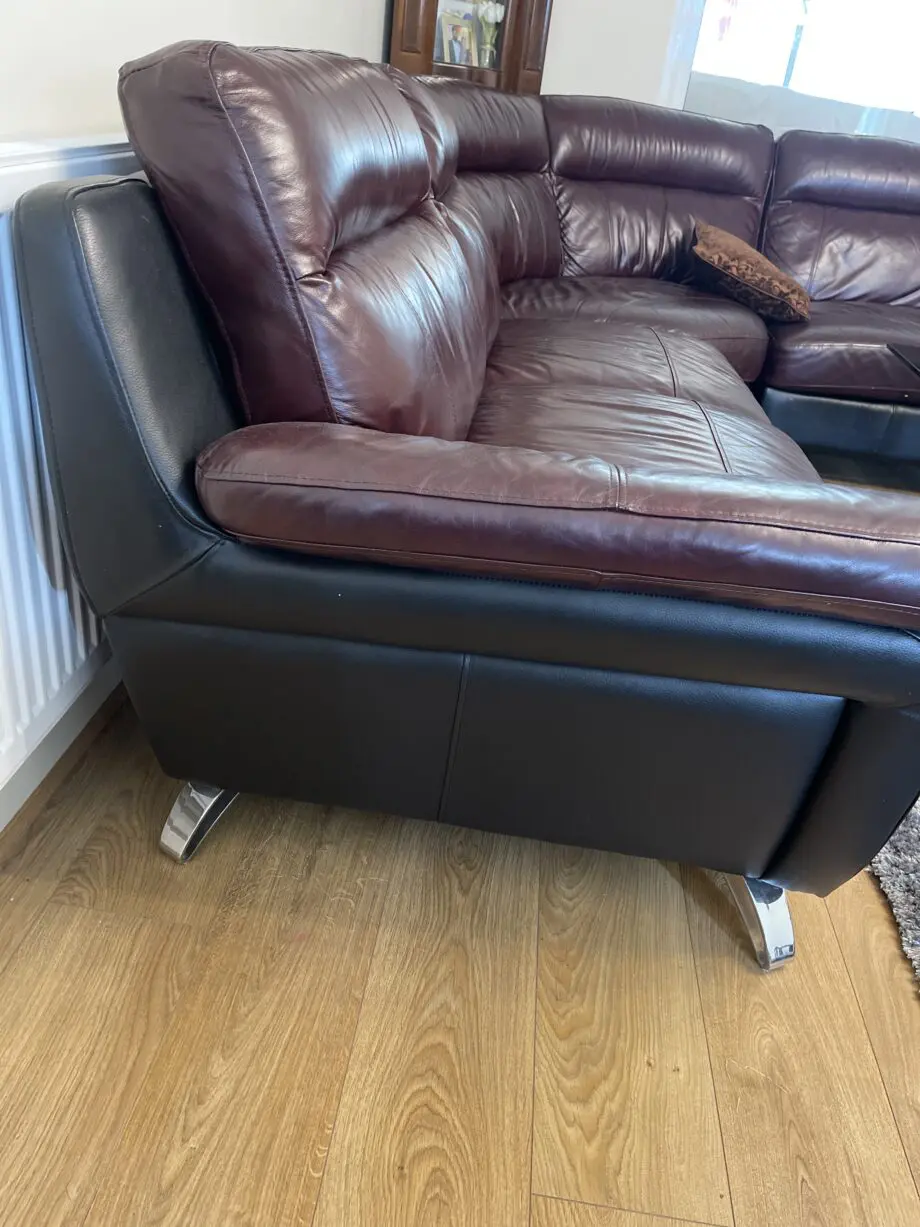DFS large corner sofa with armchair, footstool and swivel chair in Conker colour