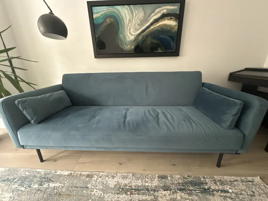 MADE Harlow click clack sofa bed steel blue velvet