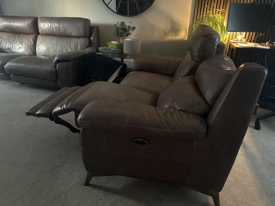 Brown leather 3 seater and 2 seater powered recliner sofa