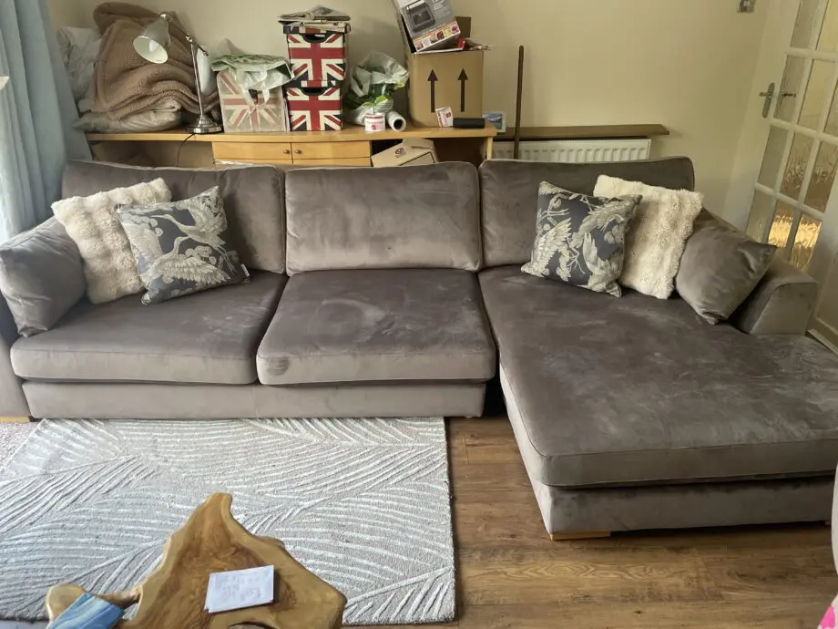 Plush DFS large chaise, chair and storage footstool