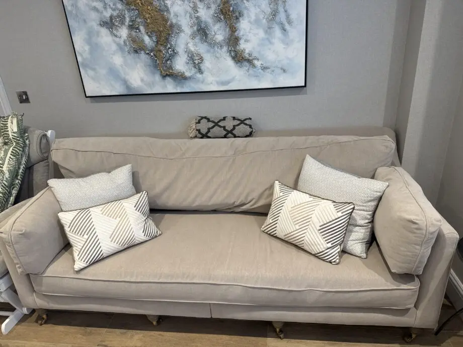 SOFT GREY VELVET UPHOLSTERED SOFAS WITH NATURAL LEG ON CASTORS