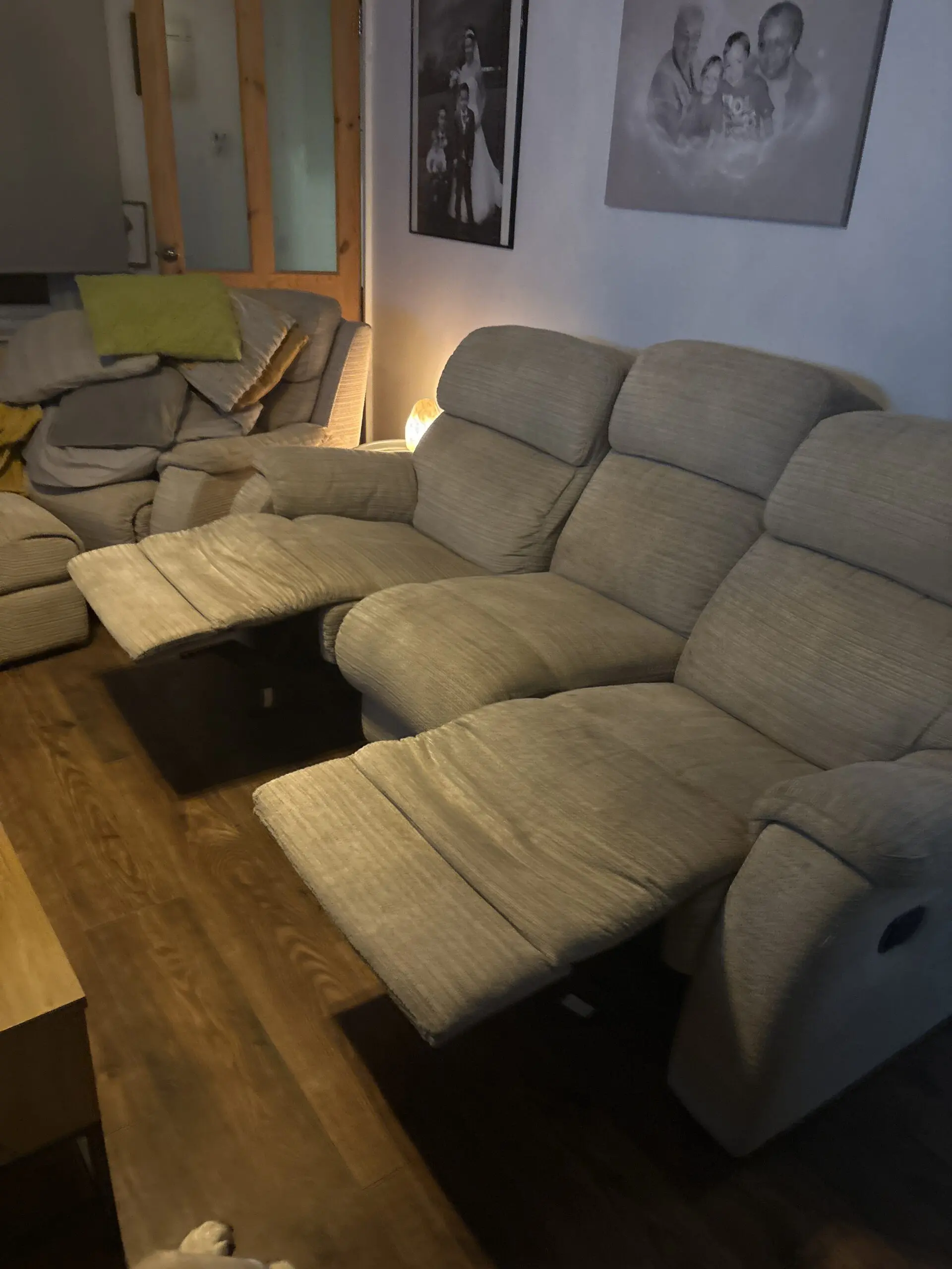 3 seater recliner sofa & arm chair with poof foot stool