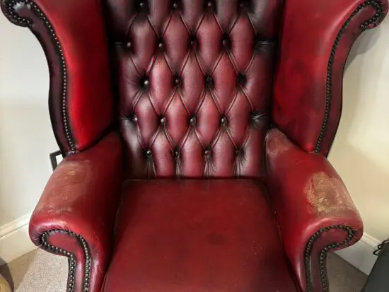 2 Chesterfield Queen Anne High Wing Back Oxblood Leather Armchair