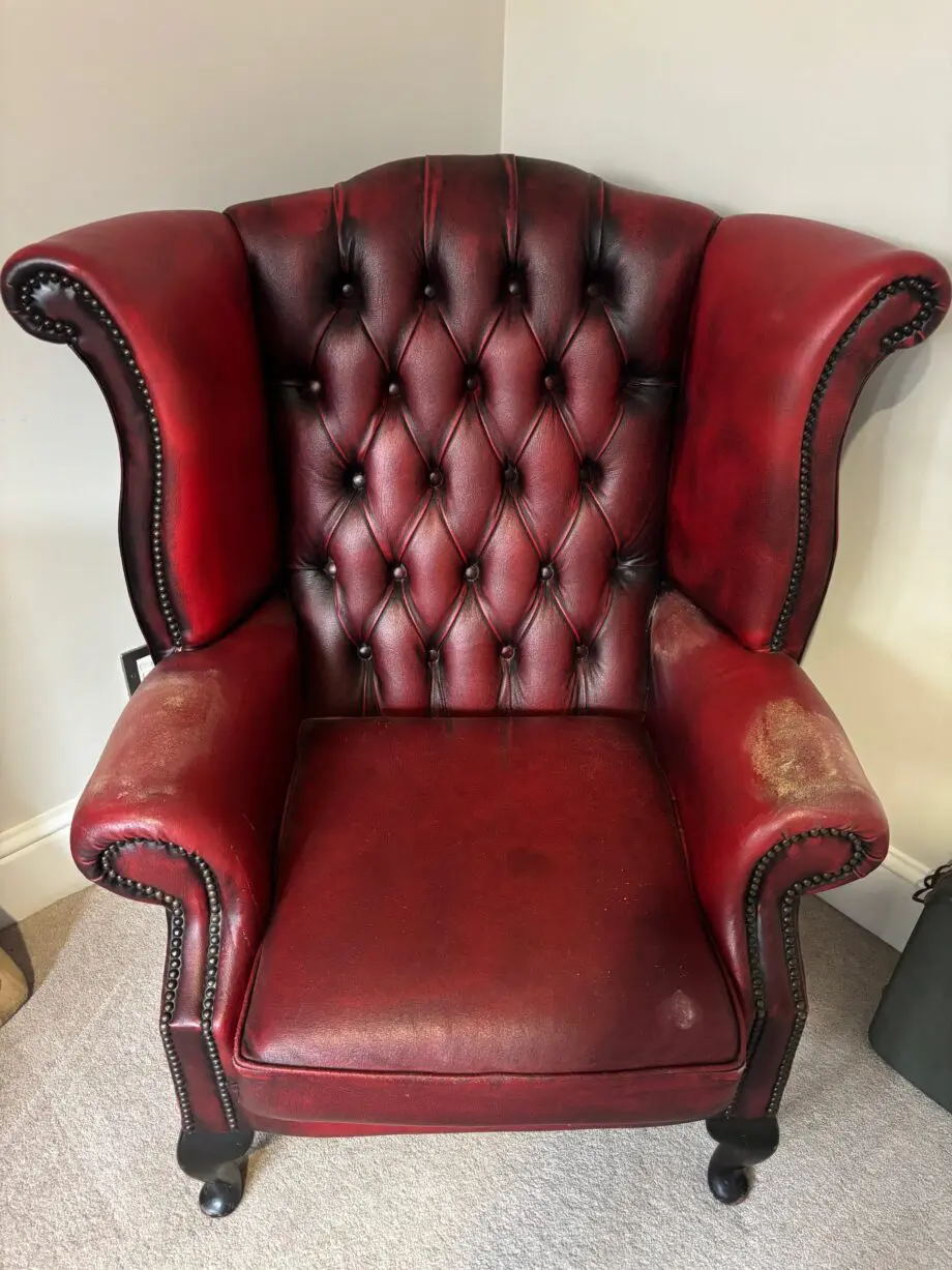 2 Chesterfield Queen Anne High Wing Back Oxblood Leather Armchair