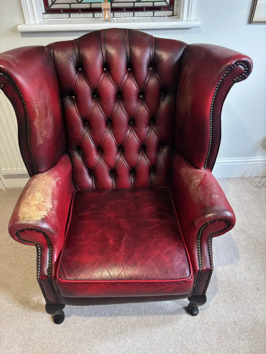 2 Chesterfield Queen Anne High Wing Back Oxblood Leather Armchair