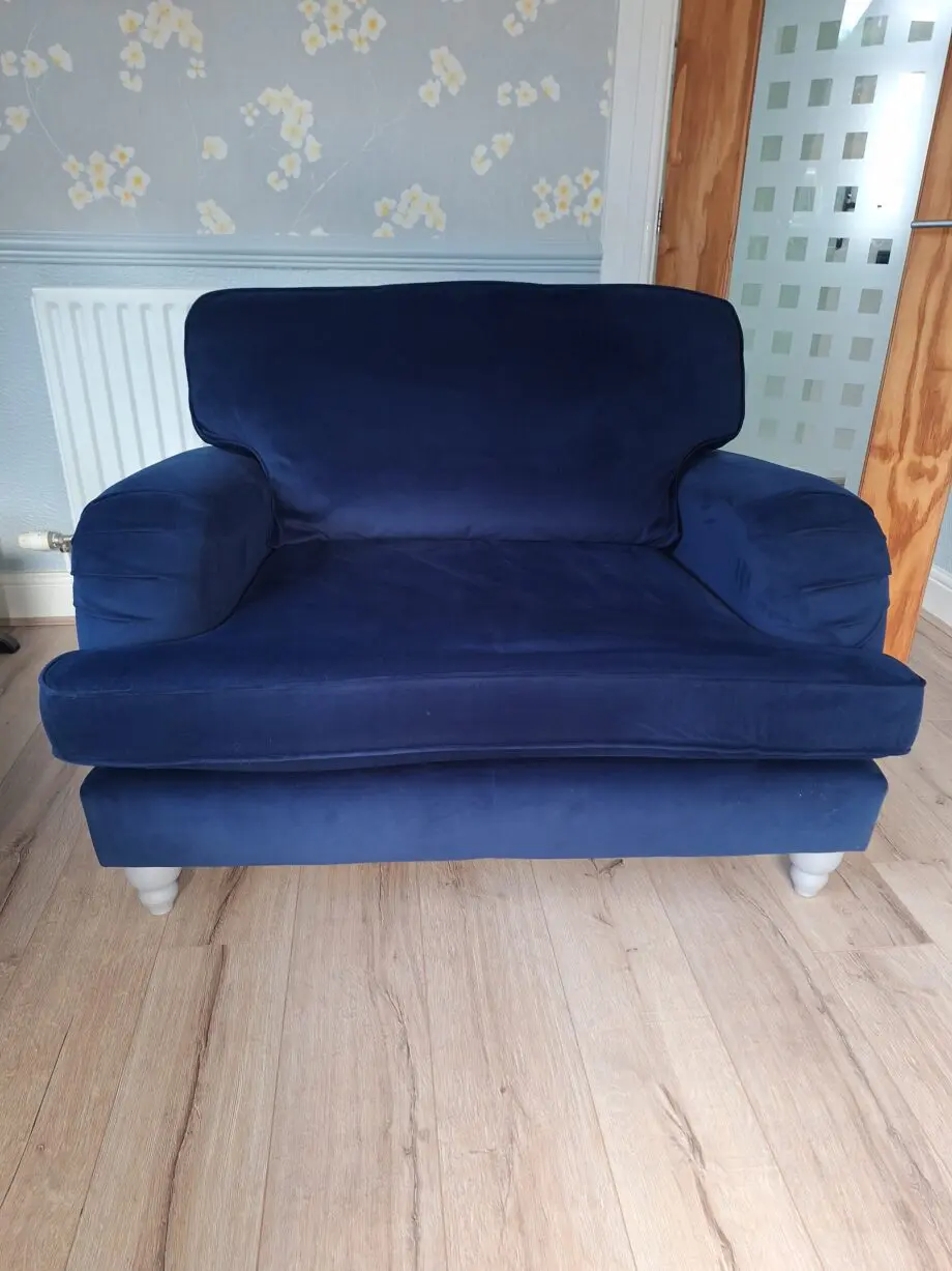 Next Lilly 3 seater & cuddle chair in dark blue plush velvet type of material