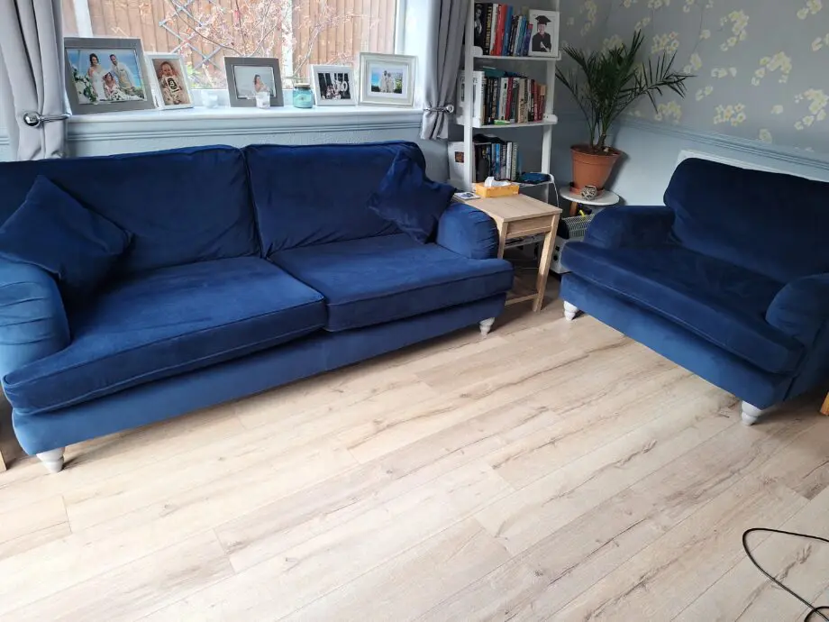 Next Lilly 3 seater & cuddle chair in dark blue plush velvet type of material
