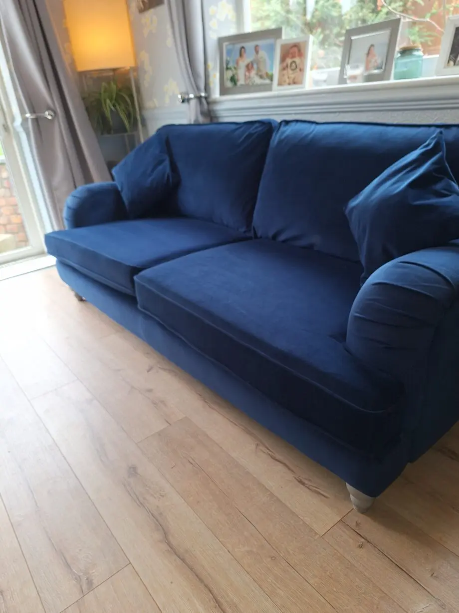 Next Lilly 3 seater & cuddle chair in dark blue plush velvet type of material