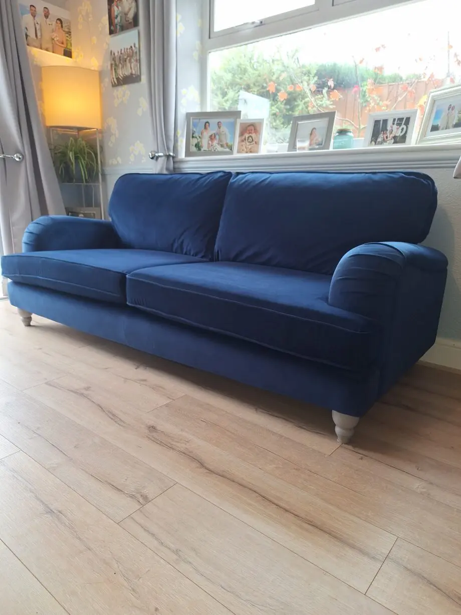 Next Lilly 3 seater & cuddle chair in dark blue plush velvet type of material