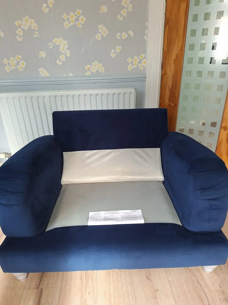 Next Lilly 3 seater & cuddle chair in dark blue plush velvet type of material