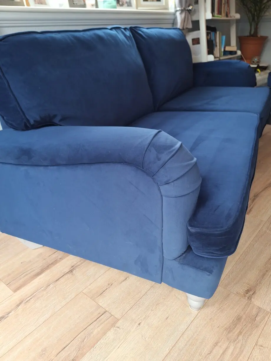 Next Lilly 3 seater & cuddle chair in dark blue plush velvet type of material