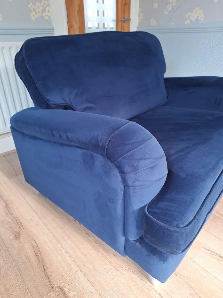 Next Lilly 3 seater & cuddle chair in dark blue plush velvet type of material