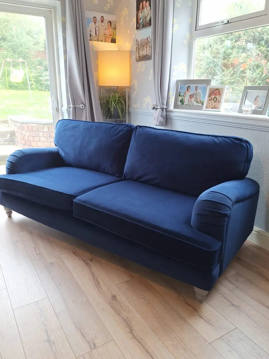 Next Lilly 3 seater & cuddle chair in dark blue plush velvet type of material