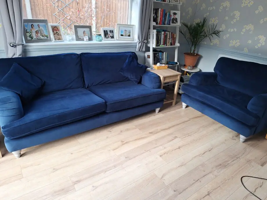 Next Lilly 3 seater & cuddle chair in dark blue plush velvet type of material