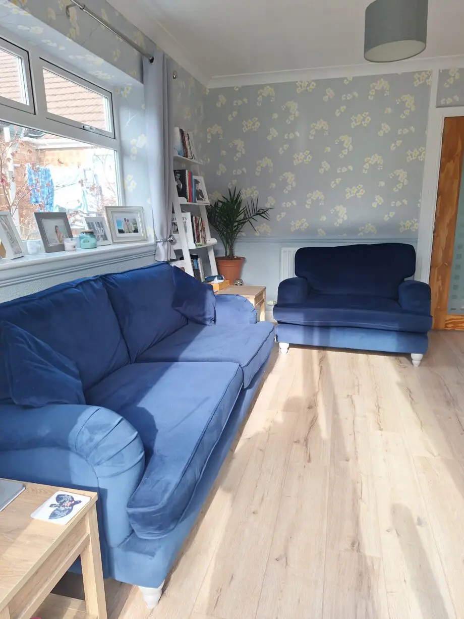 Next Lilly 3 seater & cuddle chair in dark blue plush velvet type of material