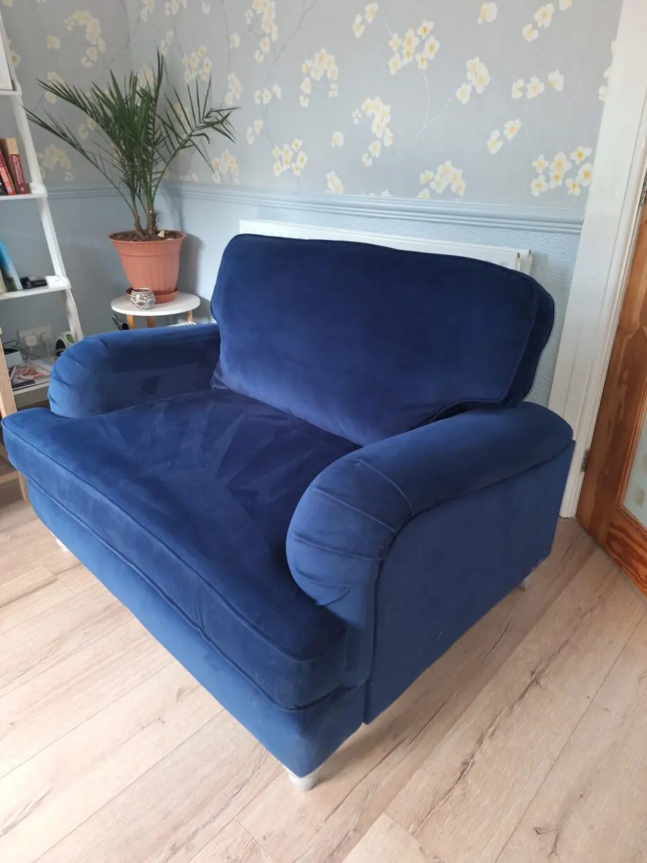 Next Lilly 3 seater & cuddle chair in dark blue plush velvet type of material