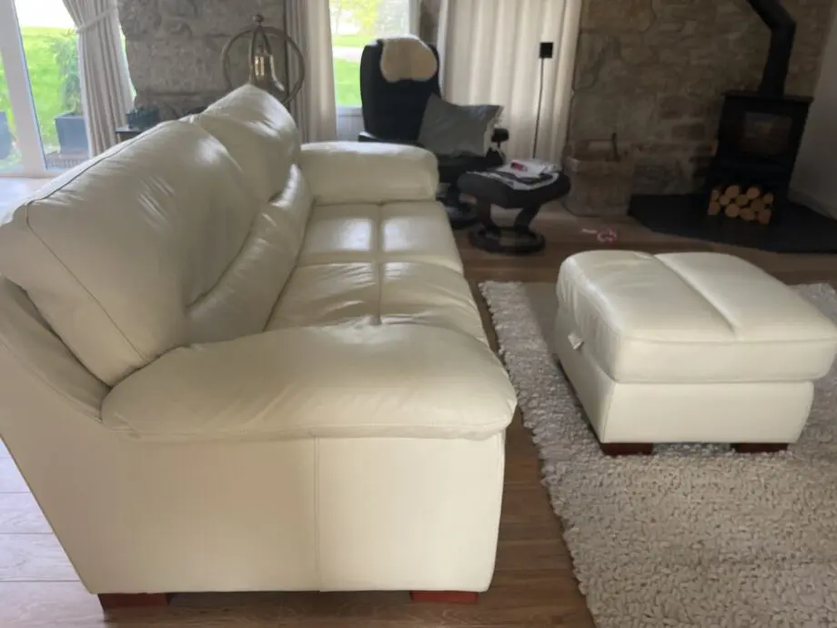 DFS 3 and 1.5 Leather Sofa and matching Chair plus footstool. In Ivory/Cream