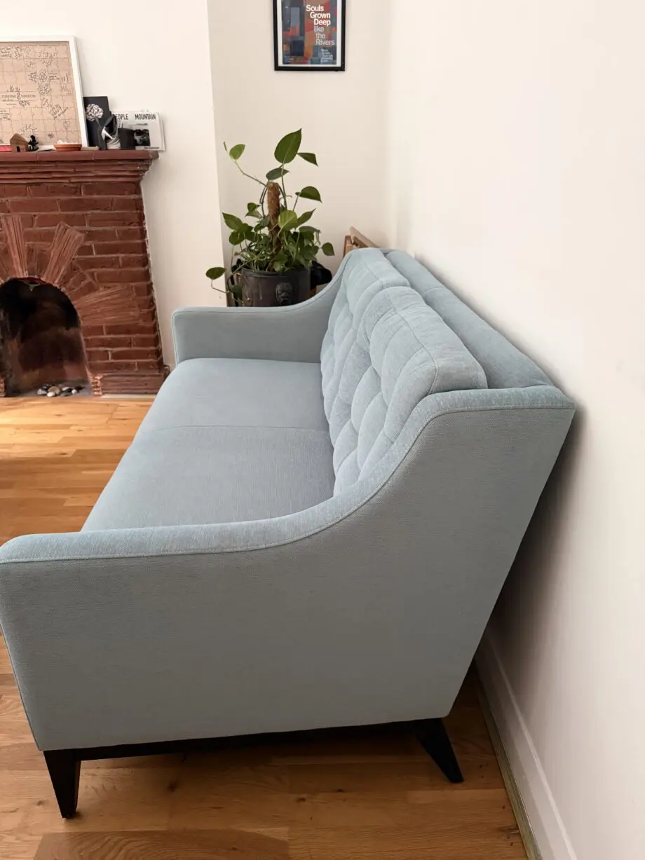 Bespoke two-person sofa, duck-egg blue, made in the UK by Morgan
