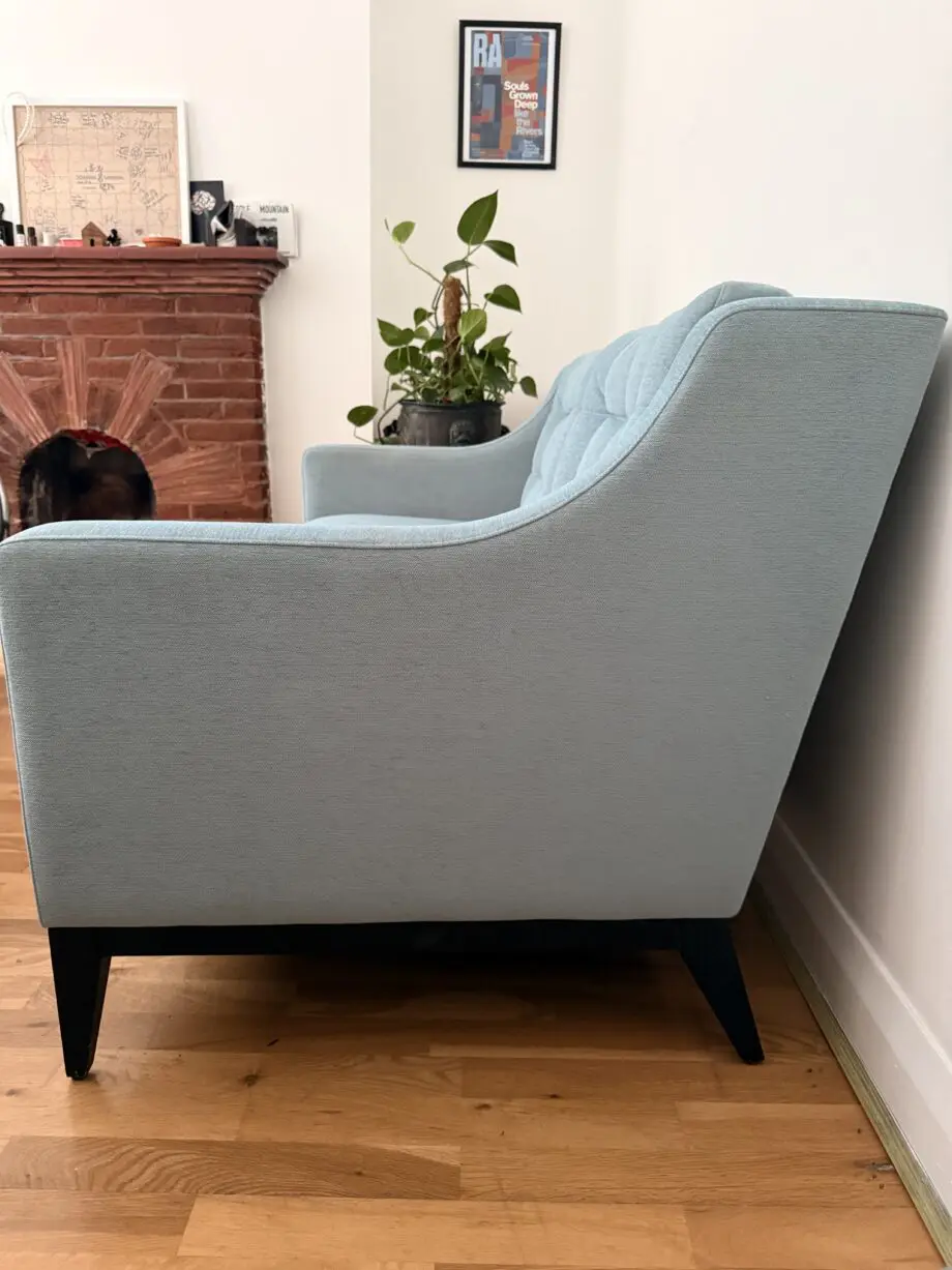 Bespoke two-person sofa, duck-egg blue, made in the UK by Morgan