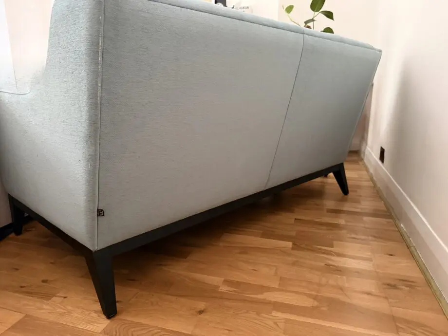Bespoke two-person sofa, duck-egg blue, made in the UK by Morgan