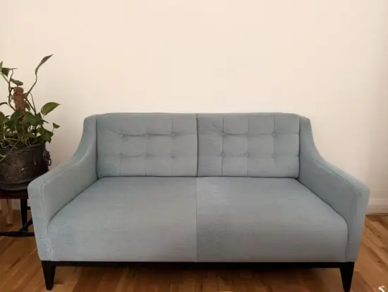 Bespoke two-person sofa, duck-egg blue, made in the UK by Morgan