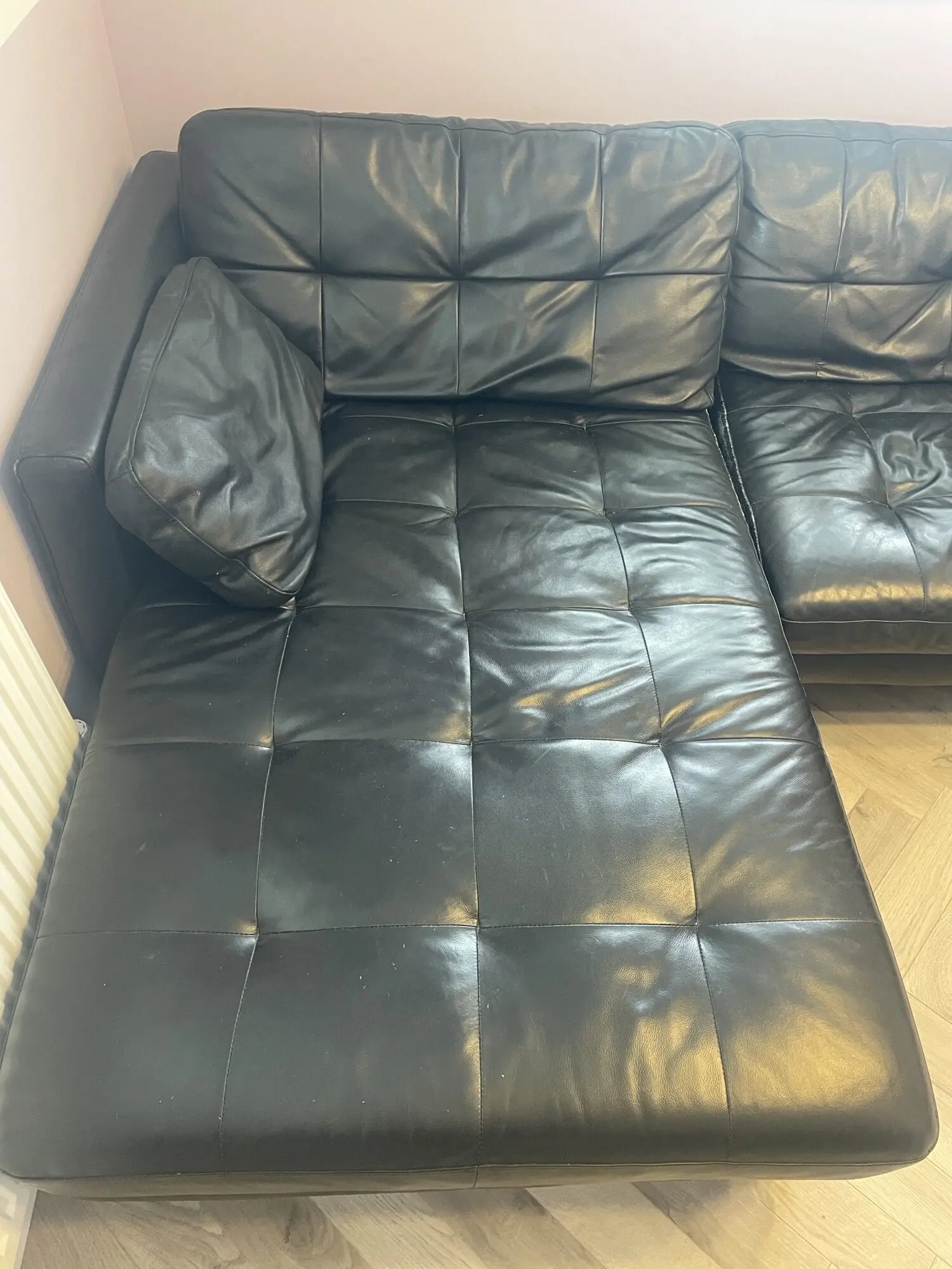 Dwell-Black leather Left Hand Facing 4 Seater chaise sofa