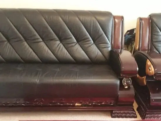 Solid Wood & Leather Sofa Set (Black) with Glass Coffee Table – Excellent Condition