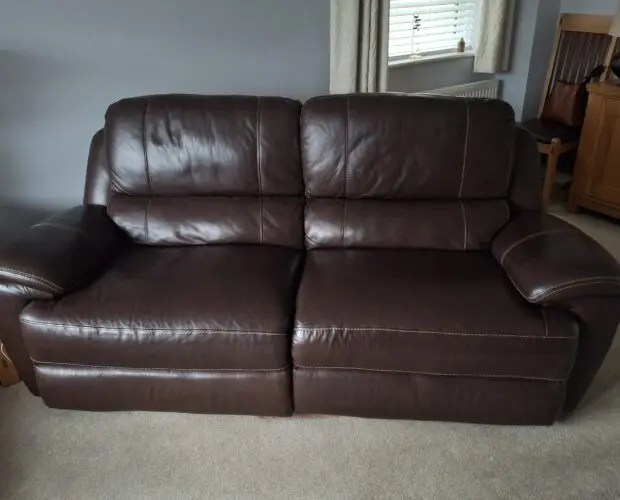 Oak furniture land dark brown leather sofa + armchair