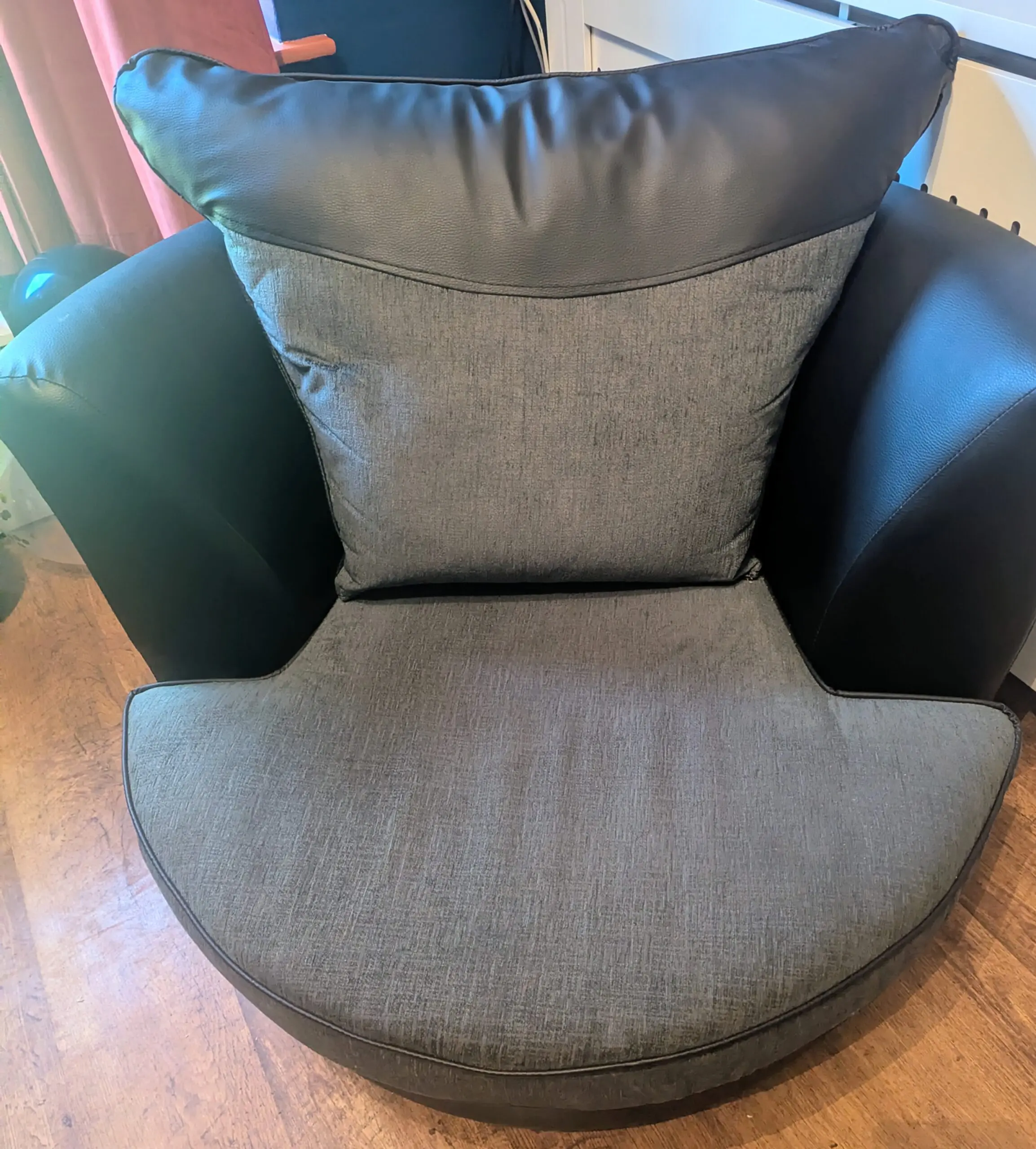 Grey and Black Corner Sofa with Matching Storage Ottoman/Footstool and Circular Swivel Chair