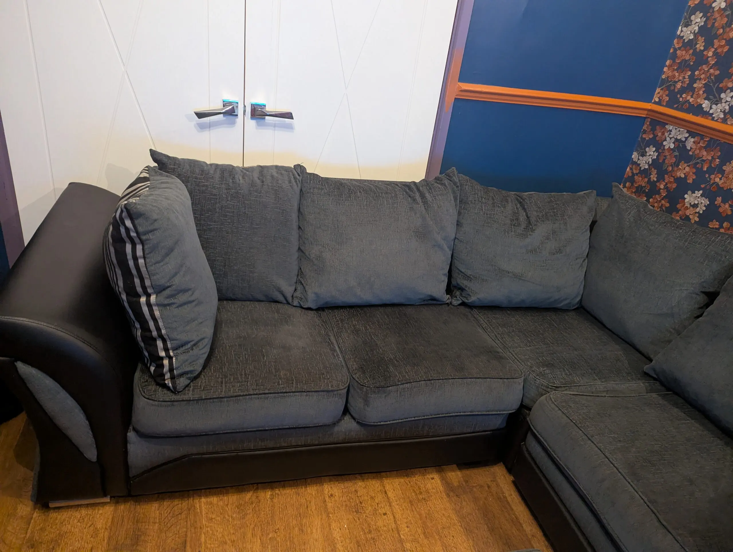 Grey and Black Corner Sofa with Matching Storage Ottoman/Footstool and Circular Swivel Chair