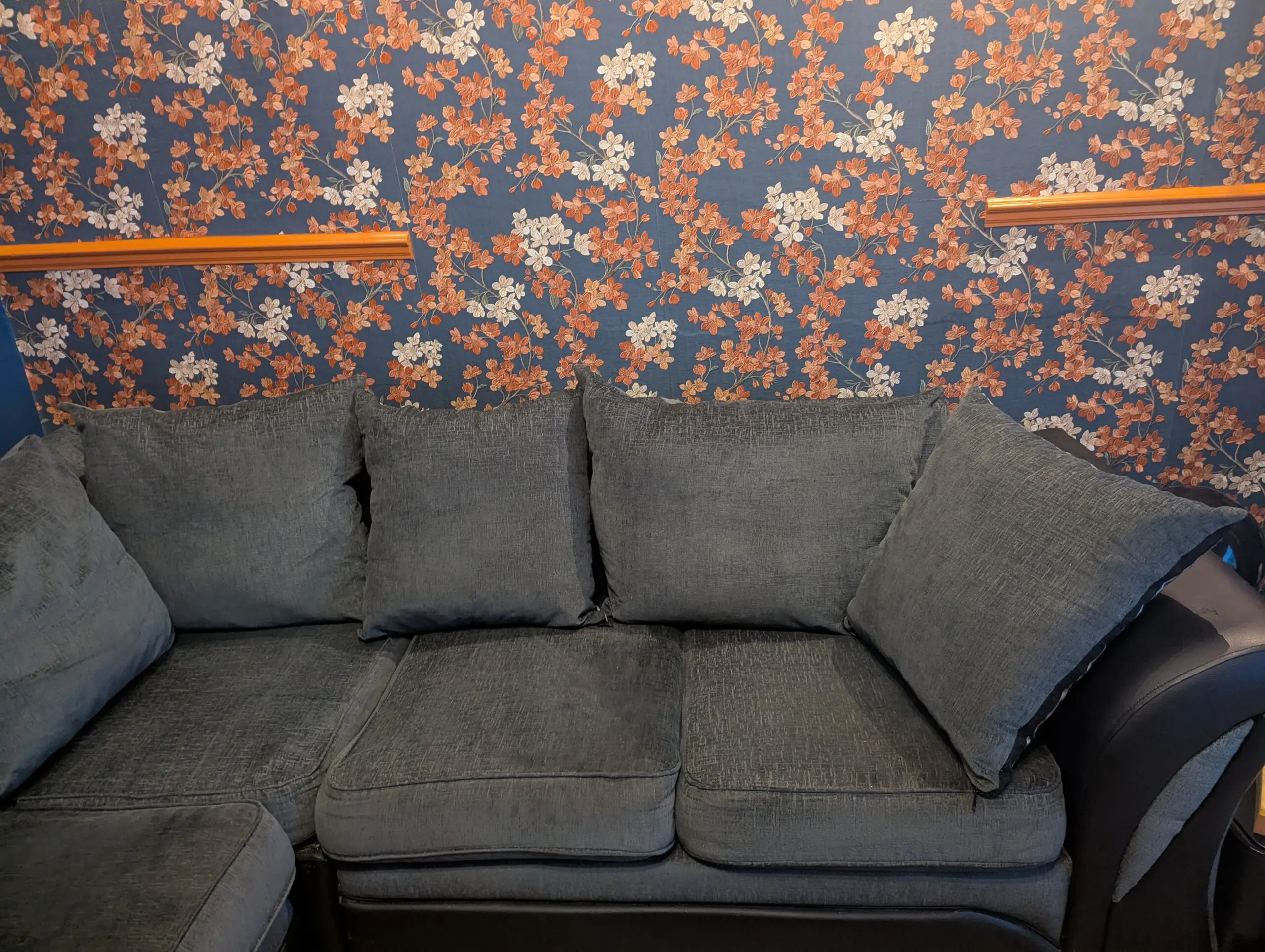 Grey and Black Corner Sofa with Matching Storage Ottoman/Footstool and Circular Swivel Chair