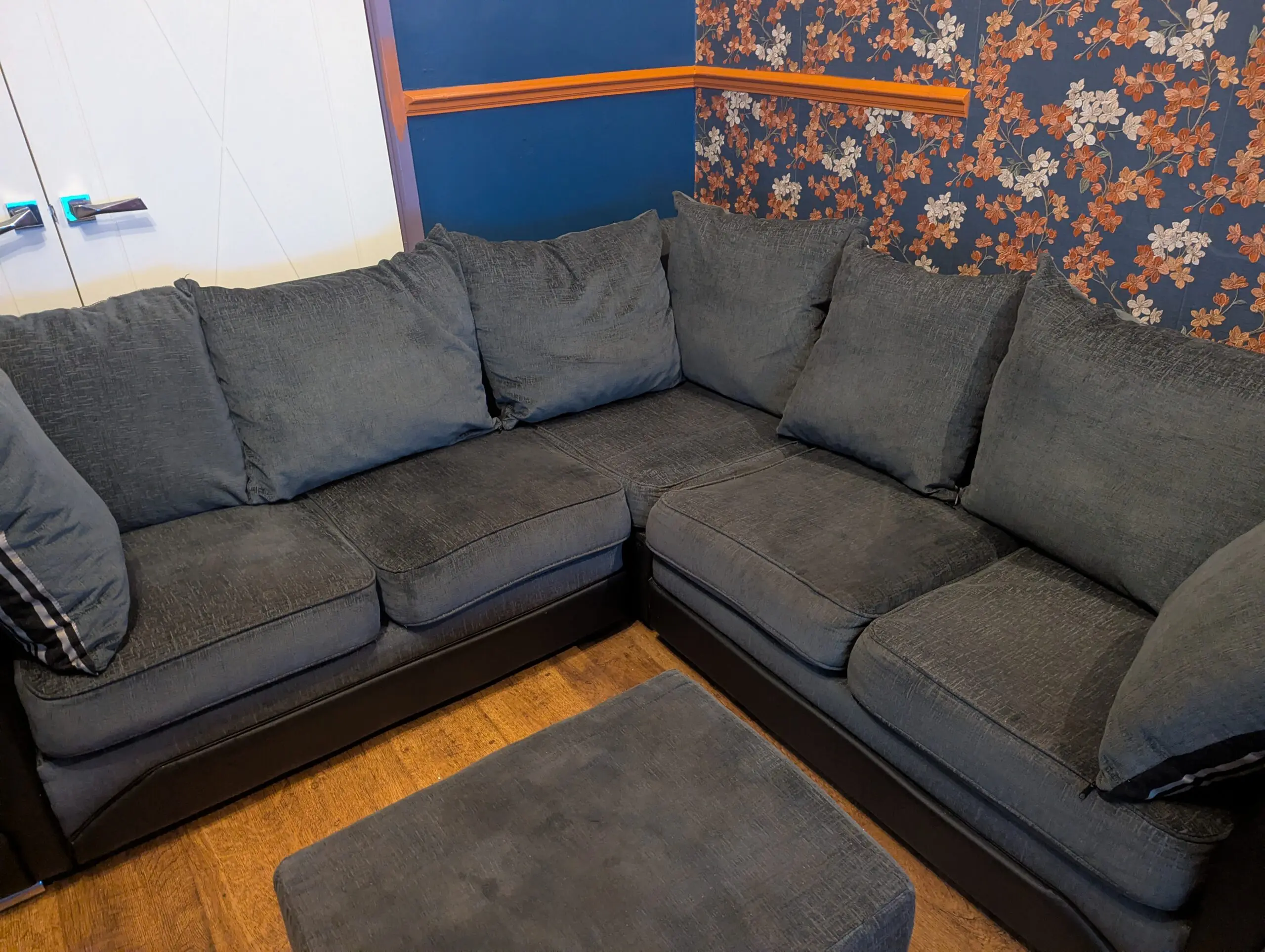 Grey and Black Corner Sofa with Matching Storage Ottoman/Footstool and Circular Swivel Chair