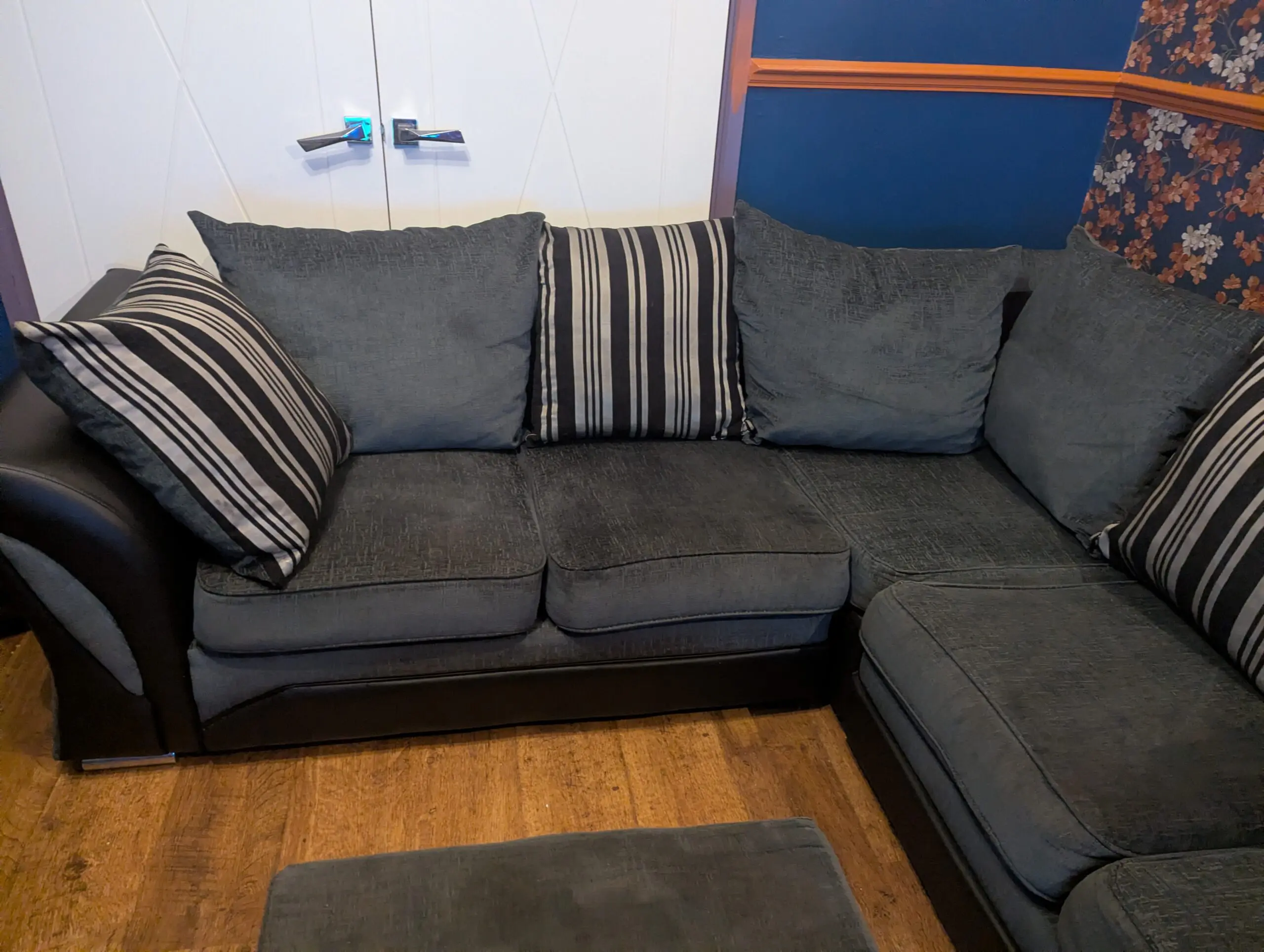 Grey and Black Corner Sofa with Matching Storage Ottoman/Footstool and Circular Swivel Chair