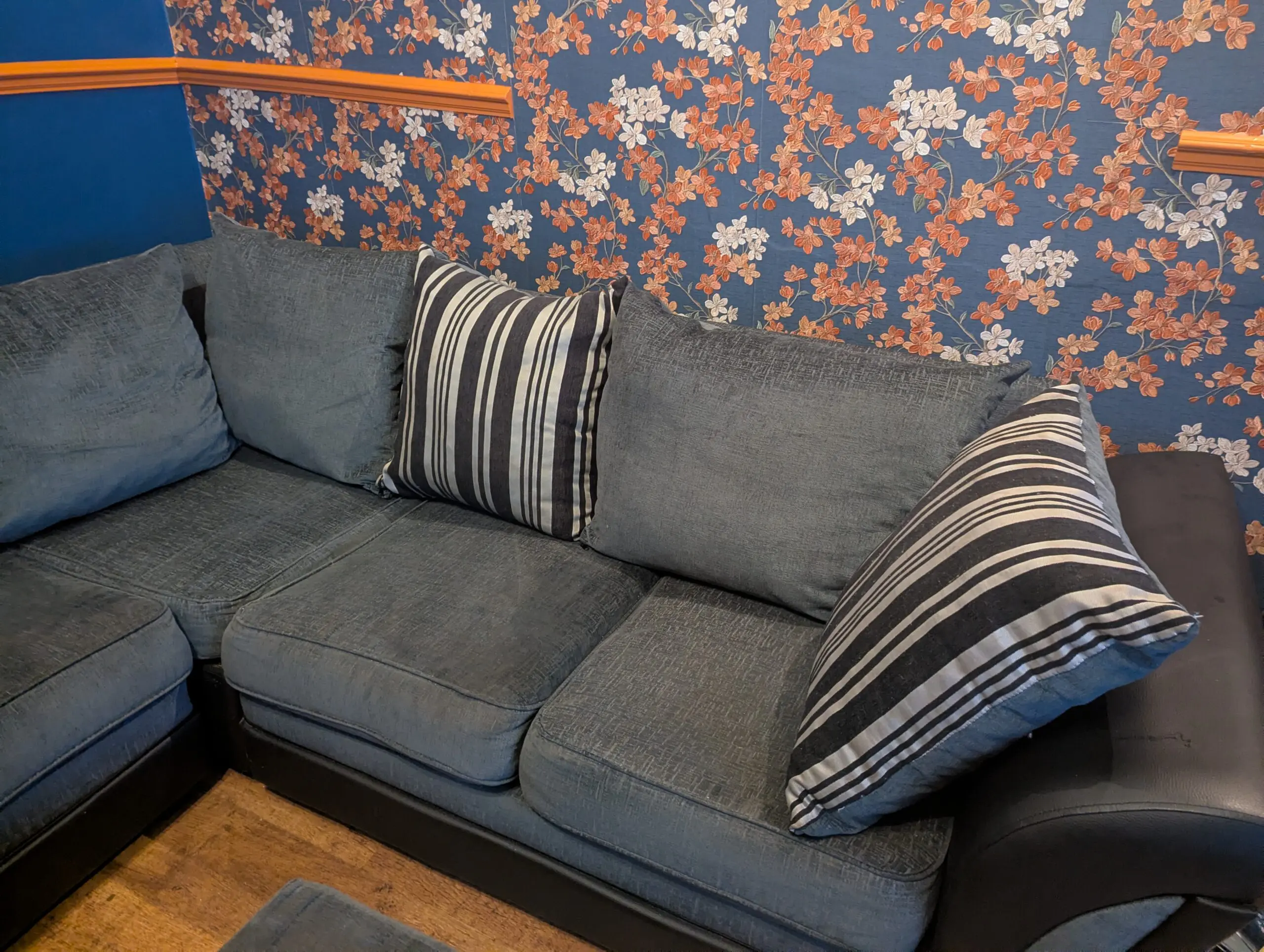 Grey and Black Corner Sofa with Matching Storage Ottoman/Footstool and Circular Swivel Chair