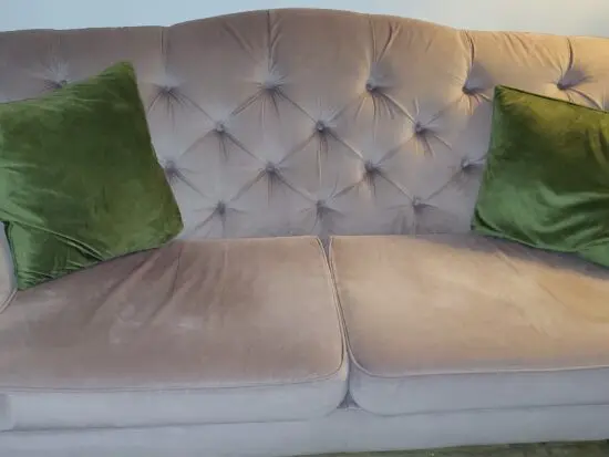 Button back dusky pink matt velvet 3 seat sofa