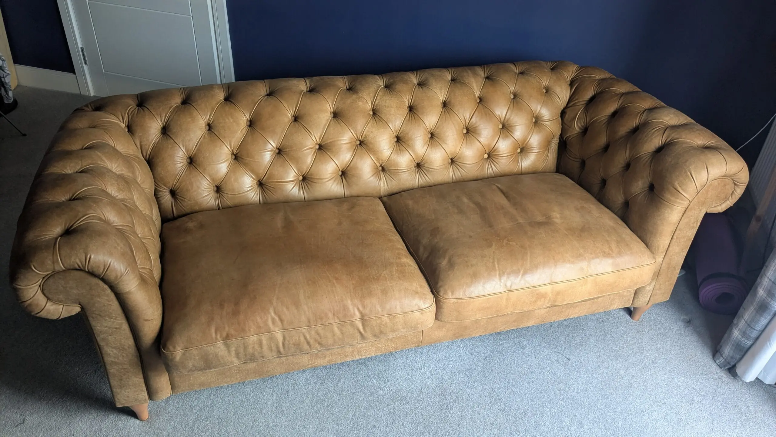 John Lewis Cromwell Chesterfield Grand 4 Seater Leather Sofa, Light Leg, Demetra Light Tan