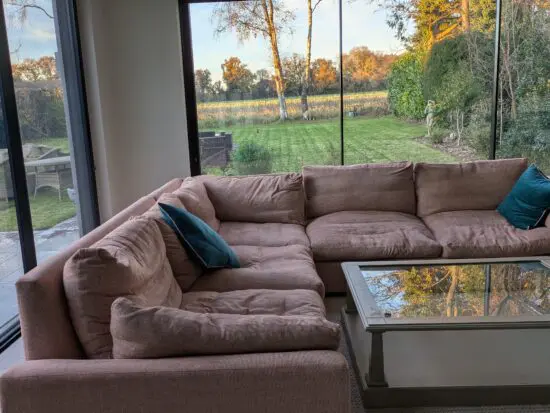 Loaf style large corner sofa, cream with hint of coral