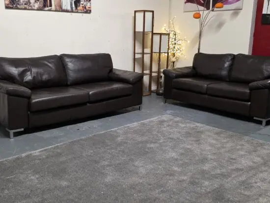 Brown Leather 3 + 2 Seater Sofa Set Good Condition