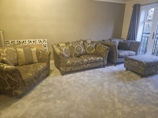 Furniture Village Gold/Slate Vantage Demask Sofa Set.