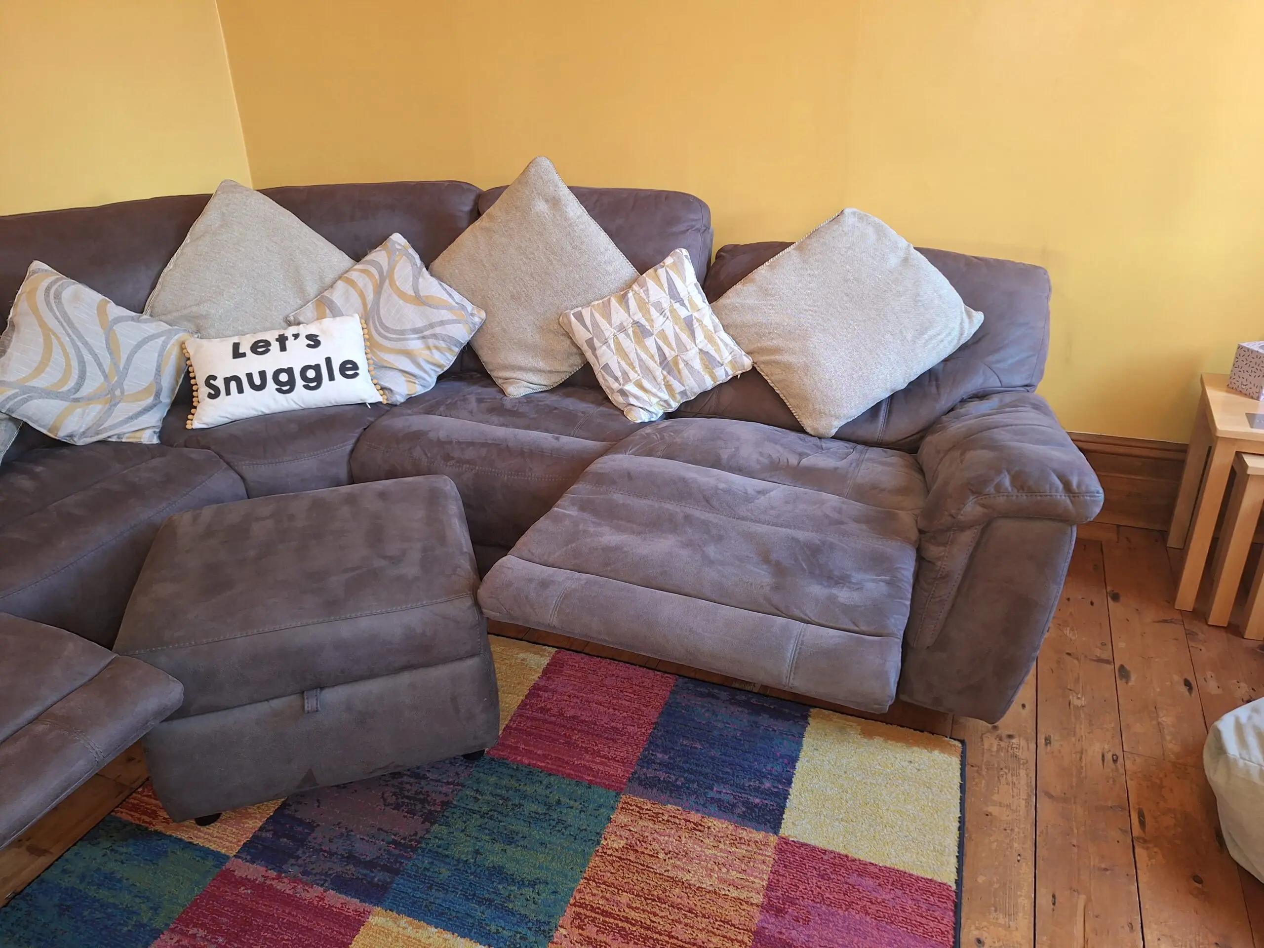 DFS 6 seater reverse leather corner sofa with USB chargers, 2 electric recliners and matching storage foot stool