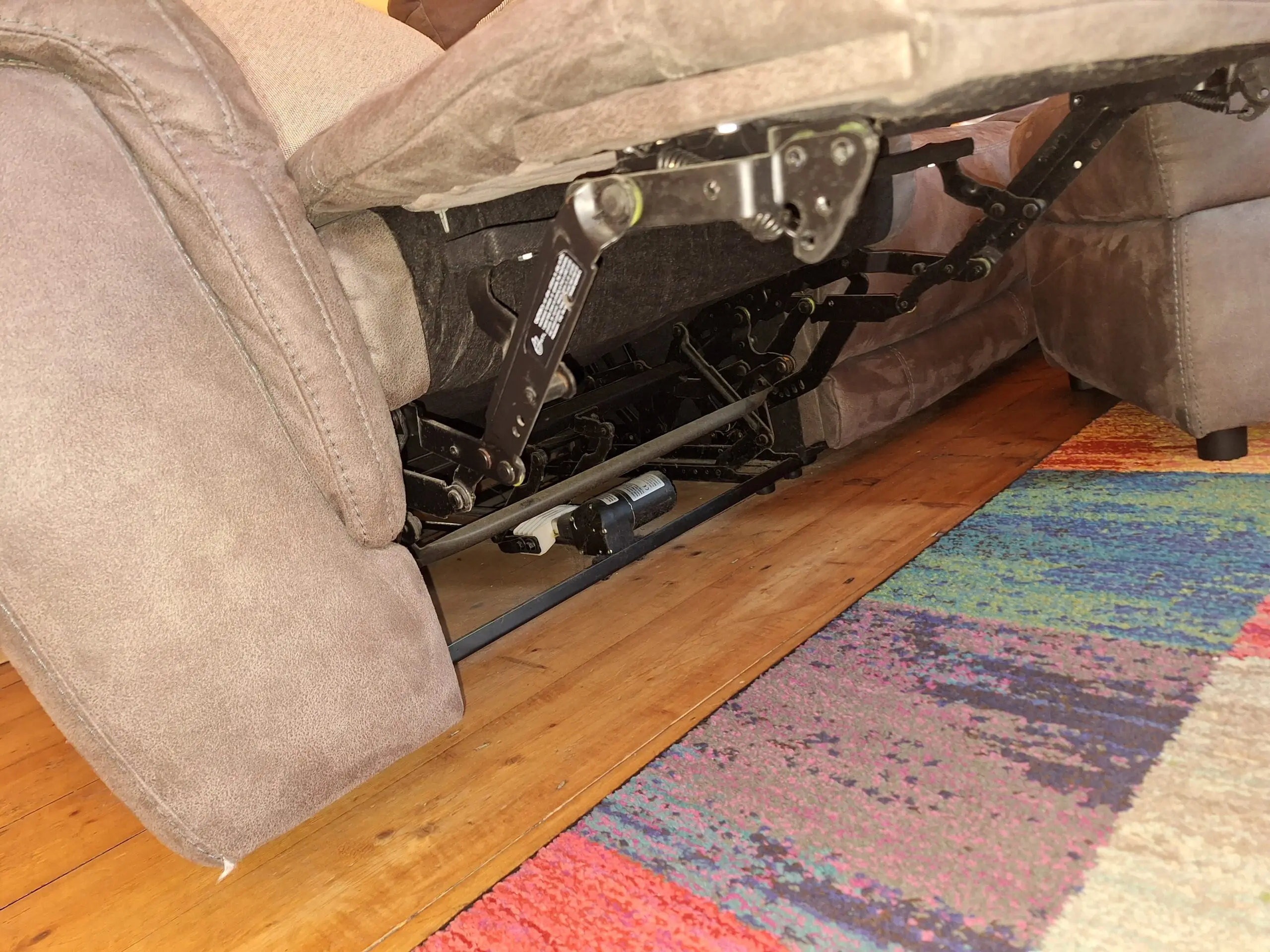 DFS 6 seater reverse leather corner sofa with USB chargers, 2 electric recliners and matching storage foot stool