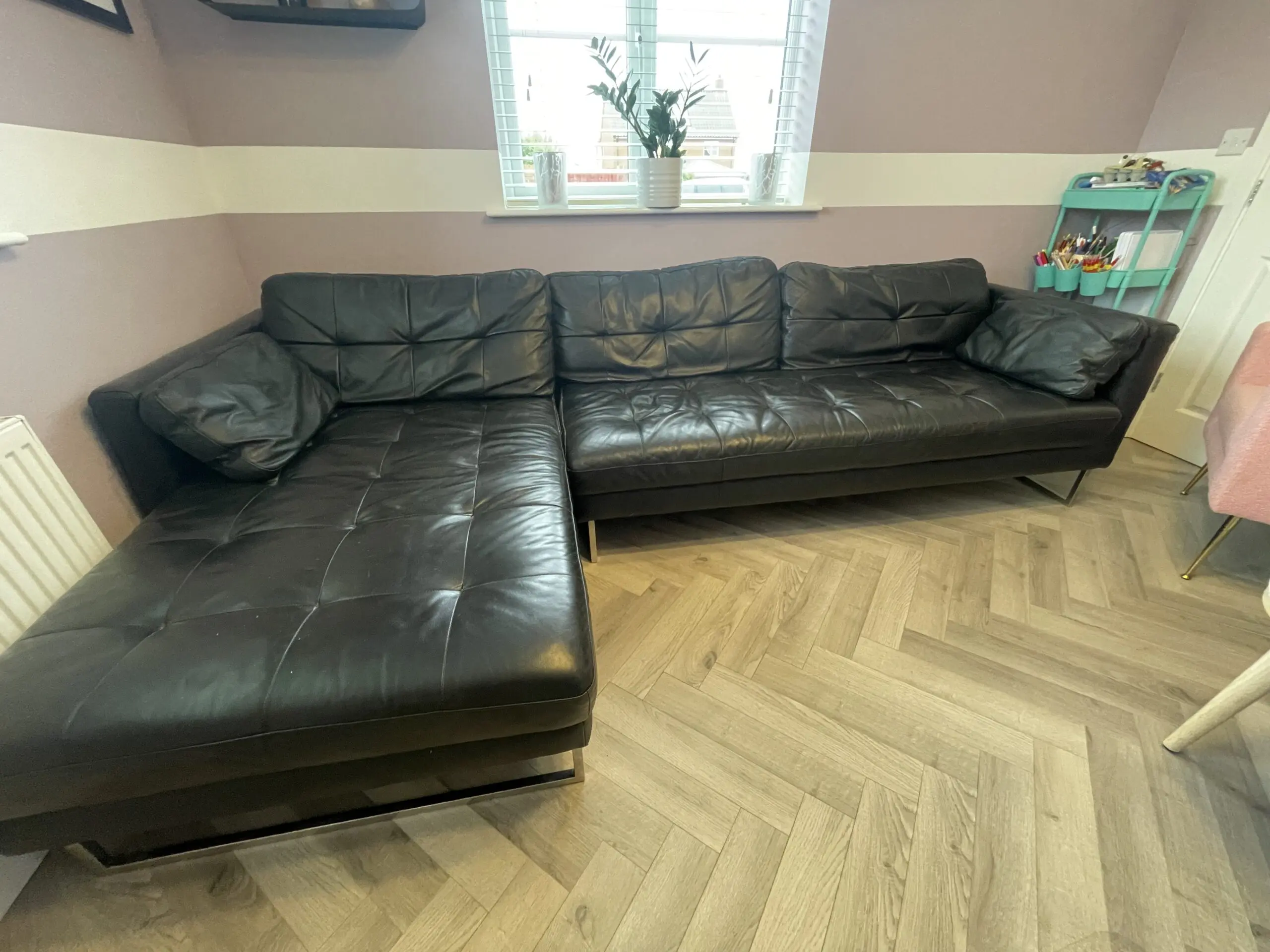 Dwell-Black leather Left Hand Facing 4 Seater chaise sofa