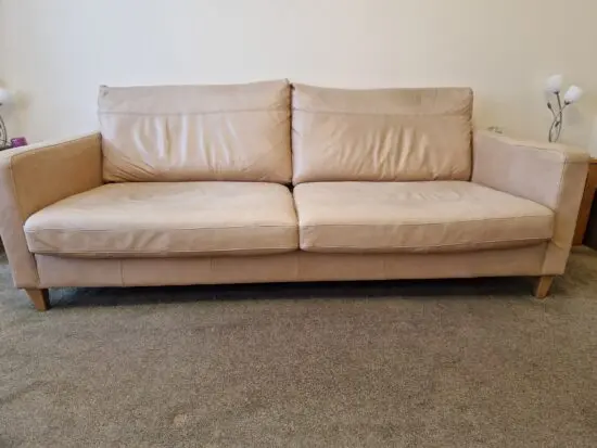 John Lewis beige leather sofas and foot stool